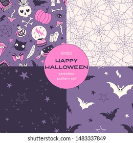 Witchcraft cartoon vector seamless pattern set. Witch stuff, cobweb, midnight starry sky, flying bats backgrounds pack. Black magic night decorative textile, wallpaper, wrapping paper design