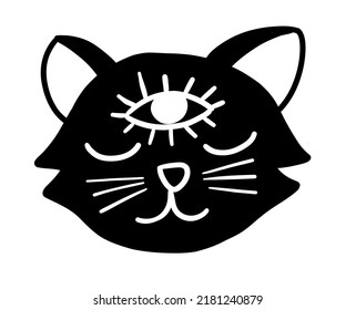 Witchcraft cat. Mystery black and white vector illustration