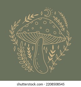 Witchcraft celestial fly agaric mushroom, goblincore, witchcore, fairycore style aesthetic, magical potion ingredients. Cartoon doodle style, woodland forest symbols. Vector and jpg printable image