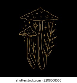 Witchcraft celestial fly agaric mushroom, goblincore, witchcore, fairycore style aesthetic, magical potion ingredients. Cartoon doodle style, woodland forest symbols. Vector and jpg printable image