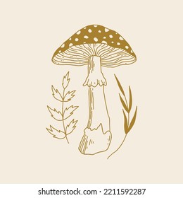 Witchcraft celestial fly agaric mushroom, goblincore, witchcore, fairycore style aesthetic, magical potion ingredients. Cartoon doodle style, woodland forest symbols. Vector and jpg printable image