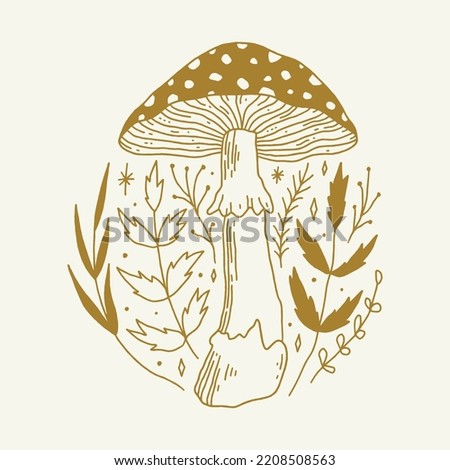 Witchcraft celestial fly agaric mushroom, goblincore, witchcore, fairycore style aesthetic, magical potion ingredients. Cartoon doodle style, woodland forest symbols. Vector and jpg printable image