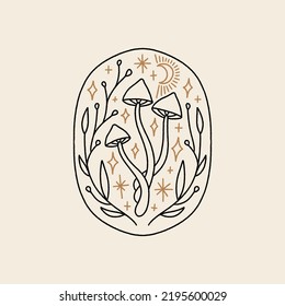 Witchcraft celestial mushrooms logo, magical potion ingredients. Cartoon doodle style, woodland forest symbols. Vector and jpg printable image, unique boho clipart illustration, editable isolated