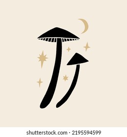 Witchcraft celestial mushrooms set, magical potion ingredients. Cartoon doodle style, woodland forest symbols. Vector and jpg printable image, unique boho clipart illustration, editable isolated