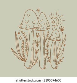 Witchcraft celestial mushrooms set, magical potion ingredients. Cartoon doodle style, woodland forest symbols. Vector and jpg printable image, unique boho clipart illustration, editable isolated