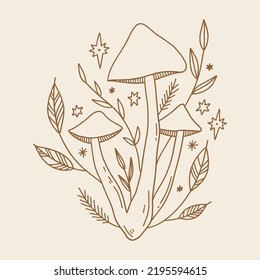 Witchcraft celestial mushrooms set, magical potion ingredients. Cartoon doodle style, woodland forest symbols. Vector and jpg printable image, unique boho clipart illustration, editable isolated