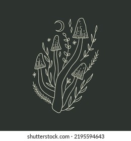 Witchcraft celestial mushrooms set, magical potion ingredients. Cartoon doodle style, woodland forest symbols. Vector and jpg printable image, unique boho clipart illustration, editable isolated