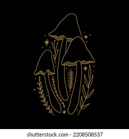 Witchcraft celestial toadstool mushroom, goblincore, witchcore, fairycore style aesthetic, magical potion ingredients. Cartoon doodle style, woodland forest symbols. Vector and jpg printable image