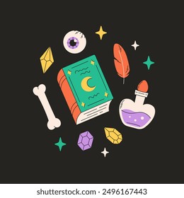Colección de brujería con libro de hechizos, poción, ojo, cristales, hueso.  Ilustración vectorial en estilo plano