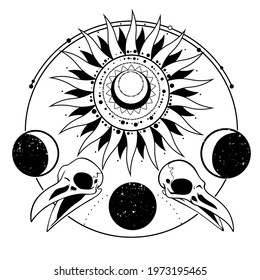 witchcraft composition of decorated sun, moon and bird skulls