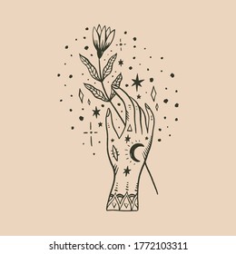 Witchcraft culture concept. Harmony and zen. Tattooed mehndi human hand and crescent moon magic symbols. Elegant tattoo artwork. Isolated vector illustration.