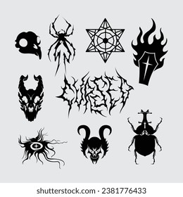 Witchcraft cursed element collection vector dark skull, spider, sticker, tattoo editable