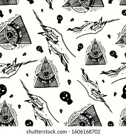 Witchcraft Doodle hand drawn vector seamless pattern with magic attributes, things for halloween. Art isolated. Ink style boho chic sticker, patch, flash tattoo or print design vector illustration
