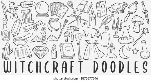 Witchcraft, doodle icon set. Magic Witch Style Vector illustration collection. Magic Tools Banner Hand drawn Line art style.