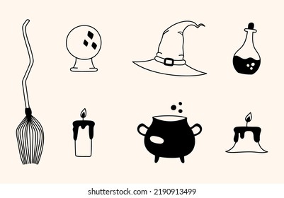 Witchcraft doodle isolated elements set. Halloween clip art hand drawn potion, broom, magic ball, witch hat, candles, cauldron. Vector magic witch items illustration