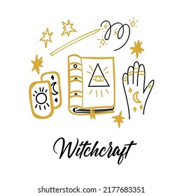 Witchcraft Doodle Postcard. Vector Illustration of Magical Halloween Greeting Card.