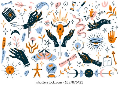 Witchcraft doodle set. Collection of modern minimalistic design elements on white background. Magical pictures of occultism magician symbols perfect for tattoo textile cards mystery illustration.