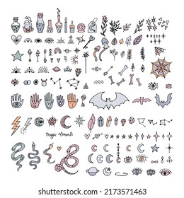 Witchcraft doodle set. Hand drawn collection halloween and magic elements. Sketch magician symbols. Vector illustration