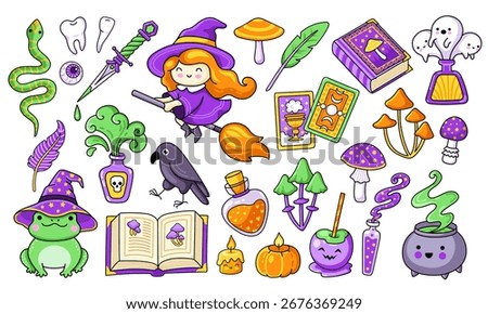 Witchcraft element collection. Halloween set. Witch flying on broomstick, wizard frog, magic book, potion, cauldron, ghost and mushrooms. Vector isolated comic illustrations.