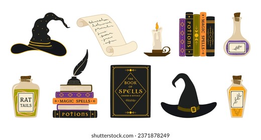 Witchcraft elements collection. Magic books, witch hats, potions, candle, parchment scroll and ink with quill.