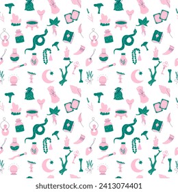 Witchcraft elements on a white background. Potion, plants, mushrooms, snakes, tarot cards
