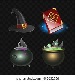 Witchcraft Elements - realistic modern vector set of different magical gear, accessories. Black background. Book of spells, pointed hat, potion pot. High quality clip art for game objects design