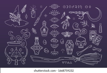 Witchcraft elements set in hand drawn style. Black magic collection. Isolated wizard accessories - witch hat, broom, cauldron, potion bottles. Esoteric and mystery symbols for stickers, badges, print