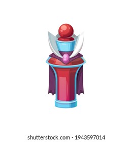 Witchcraft elixir in bottle with purple cloak isolated. Vector magic sorcery mixture, Halloween symbol, container with apothecary substance. Spooky beverage pot, cartoon gui games creepy sign