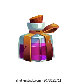 Witchcraft elixir in bottle with purple liquid isolated cartoon jar. Vector spooky beverage pot, cartoon games creepy brewing drink. Magic sorcery mixture, Halloween symbol, container with apothecary