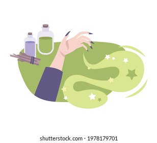 Witchcraft flat composition with witch hand potion flasks vector illustration