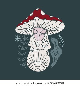 Witchcraft folk boho mushroom with face. Fairytale fantasy poison fly agaric character. Magical potion ingredients concept. Cartoon doodle Scandinavian cartoon childish nursery style. Forest floral