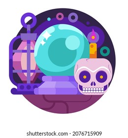 Icono de brujería y adivinanza con bola de predicción mágica, linterna y portavelas de cráneo humano. La brujería espeluznante y el concepto de artículos y suministros rituales oscuros.