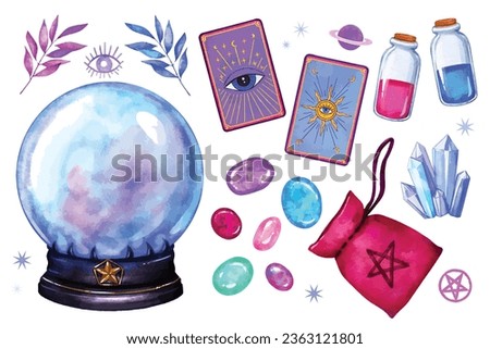 witchcraft and fortune telling items set. mystical witchy magic elements collection, crystal ball, tarot cards,  potions, celestial magic stones. Watercolor Vector illustration 