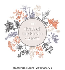 Witchcraft frame design. Poisonous plants hand drawn vector illustration. Witch herbs apothecary vintage card, invitation, print. NOT AI generated