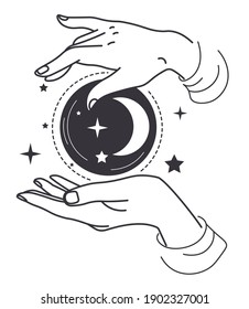 Witchcraft and future telling, isolated icon of hands holding magic bauble, ball with moon and stars. Occult wisdom and esoteric signs. Mystic and magical symbol, vector colorless art, flat style