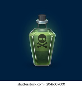 Witchcraft glass bottle with danger poison, magic potion drink, cartoon vector. Skull and crossbones toxic green poisonous potion in glass flask, deadly elixir vial for Halloween spooky alchemy