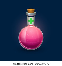 Witchcraft Glass Bubble Potion In Bottle, Elixir Or Recovery Drink, Vector Game Asset. Cartoon Magic Potion Or Red Elixir With Green Cross And Cork, Poison Antidote Or Life Power Liquid In Glass Jar