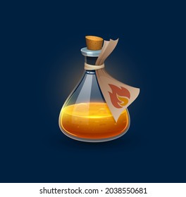 Witchcraft glass potion bottle with fire elixir. Magic potion vial, chemistry element jar with hot, boiling liquid, cork and fire symbol on parchment tag. Fantasy game magical object UI icon
