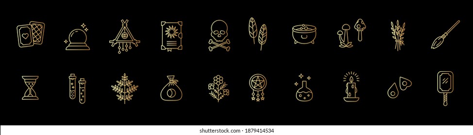 Witchcraft gold outline icon collection. Mystery and magic objects: tarot, magic ball, spell book, candle, hourglass, feathers, herbs, cauldron, flasks, mushrooms, broom, skull with bones, etc.