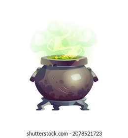 Witchcraft green steaming drink in cauldron with boiling potion isolated cartoon design agic brewing pot on legs stands. Vector witchcraft cooking food or meal, wizard mystery soup, Halloween mascot