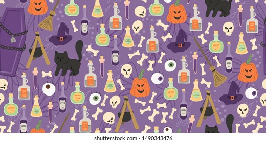 Witchcraft Halloween seamless pattern. Skull, bones, poison, black cat, coffin holiday hand drawn cartoon style background for wallpaper, textile etc. Stock vector