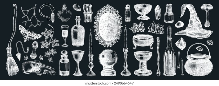 Witchcraft hand-drawn vector illustrations set. Halloween sketches on chalkboard. Vintage apothecary, occultism, alchemy design elements. NOT AI generated