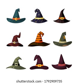 Witchcraft hats set. Caps by wizard and magicians colored masquerade elements Halloween traditional creepy holiday decorations fantasy accessories for conducting ritual spells. Cartoon vector.