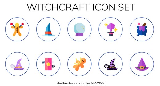 witchcraft icon set. 10 flat witchcraft icons.  Simple modern icons such as: voodoo doll, witch hat, witch, magic, magic ball, voodoo, cauldron