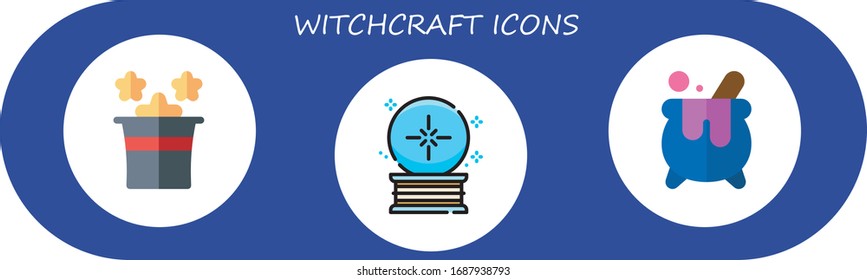 witchcraft icon set. 3 flat witchcraft icons. Included magic, crystal ball, cauldron icons