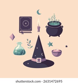Ícones de bruxaria definidos em fundo bege - ilustração vetorial plana