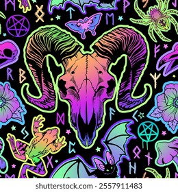 Witchcraft illustration with bright elements of animals and symbols. Seamless pattern