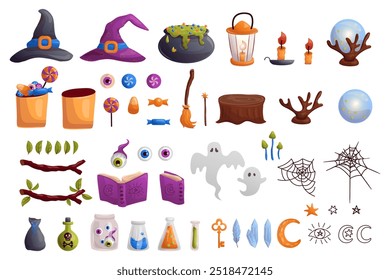 Witchcraft images on white background for Halloween projects. Vector illustration set.