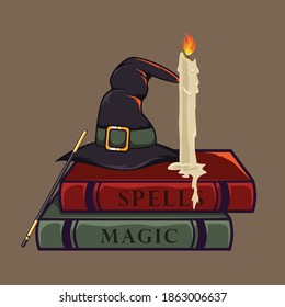 Witchcraft items including hat, magic wand, book of spells, burning candle with a transparent background. Spooky Halloween vector to be used in many scary art projects and posters.