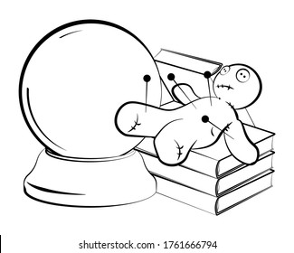 Witchcraft items are on the table. Crystal ball, voodoo doll and spell books. Prediction of the future, astrology. Isolated vector on white background